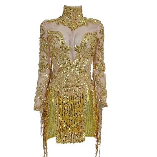 Image of LuuMingCM Shining Sequins Tassels Short Dresses for Women Celebrate Party Dress Nightclub Dancer Stage Wear Performance Costumes (UK, Alpha, One Size, Regular, Regular, Gold)