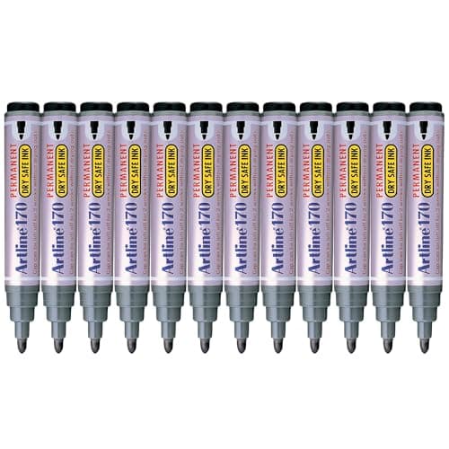 Image of Artline Pack of 12 Black Permanent Marker Pens – For Art or Professional Use – Non-Dry for 2 Weeks Uncapped, Rich Ink, Reliable 2.0 mm Bullet Nib - Genuine Permanent Marker Pens Black