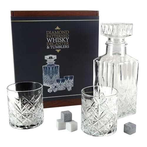 Image of Kimm & Miller Classic Glass Whiskey Decanter and Glasses Set - Cut Glass Style Decanter (900ml), 2 Glasses & Whiskey Stones - Luxury Whiskey Gift Sets for Men