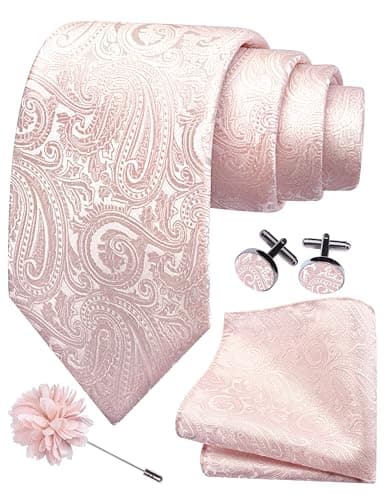 Image of Gusleson Blush Pink Tie for Men Wedding Silk Paisley Necktie Pocket Square Cufflinks and Lapel Pin Brooch Set (UK6103-29)