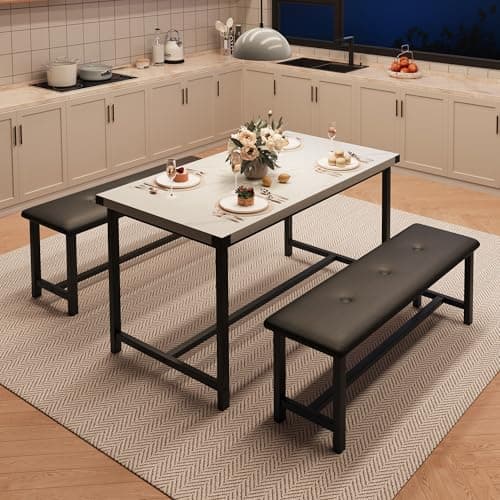 Image of Crevyteg 3 Piece Dining Table Set, Kitchen Table and Benches for 4, Rectangular Dining Room Table Set with 2 Upholstered Benches, Dining Table Set for Small Space, Apartment, Marble White