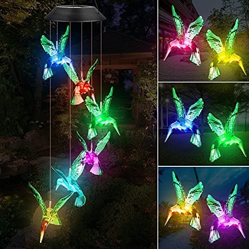 Image of Fohil Solar Wind Chime - Hummingbirds Wind Chimes Color Changing Mobile LED Lights, Waterproof Outdoor/Indoor Decorative Lights for Garden, Patio, Balcony, Bedroom, Party, Yard, Window