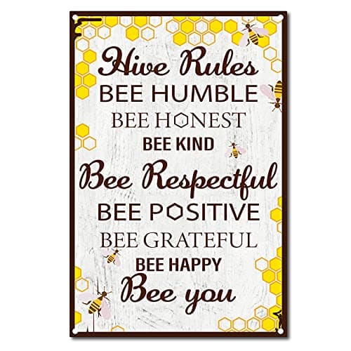 Image of CREATCABIN Metal Tin Sign Hive Rules Bee Happy Retro Vintage Funny Wall Decor Art Mural Hanging Iron Painting for Home Garden Bar Pub Kitchen Living Room Office Garage Poster Plaque 8 x 12inch