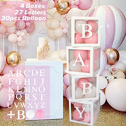 Image of QIFU Baby Shower Decorations Boxes for Girls, 30 Balloons(pink&white), 4 Transparent Balloon Boxes with 27 Letters, Include B+A-Z, Baby Blocks for Baby Shower, Birthday Decorations, Prom Boxes, Grad