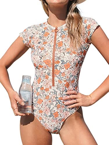 Image of CUPSHE One Piece Swimsuit for Women High Neck Zipper Short Sleeve Bathing Suit Orange M
