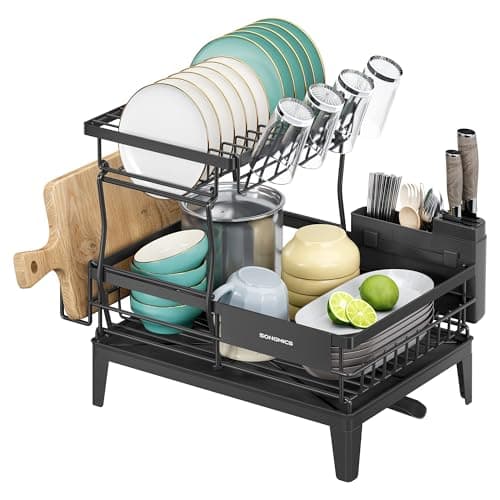 Image of SONGMICS Dish Drying Rack, 2-Tier Dish Drainer for Kitchen Counter, 360° Rotatable and Extendable Spout, Drainboard, with Cutlery Holder, 31 x 42 x 36.5 cm, Ink Black KCS551BH01