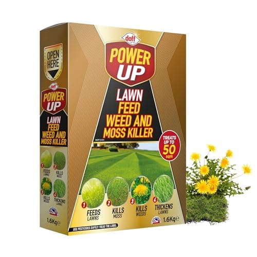 Image of Doff Power Up Lawn Feed, Weed & Moss Killer | Triple Action Lawn Treatment | Feeds Grass, Kills Weeds & Moss | Treats Up to 50m² | Thickens Lawns | Fast Acting Lawn Care Granules – 1.6kg