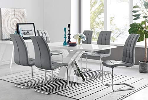 Image of Furniturebox UK Atlanta Rectangle Chrome Metal Modern Stylish High Gloss White 6 Seater Dining Table and 6 Premium Murano Dining Chairs Set (Dining Table + 6 Elephant Grey Murano Chairs)