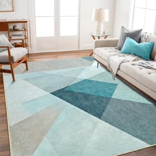 Image of Yunhan Geometric Rugs for Living Room 120 x 170 cm, Modern Machine Washable Area Rug, Non-Slip Soft Lounge Rugs for Bedroom, Abstract Luxury Short Pile Indoor Carpet, Teal & Grey