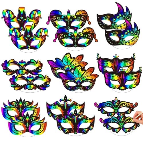 Image of Cosysparks Carnival Scratch Masks for Kids, 18 Pcs DIY Paper Mask to Decorate Kids Funny Magic Scratch Art Masks Craft Kit for Halloween Birthday Cosplay Themed Party (Carnival)