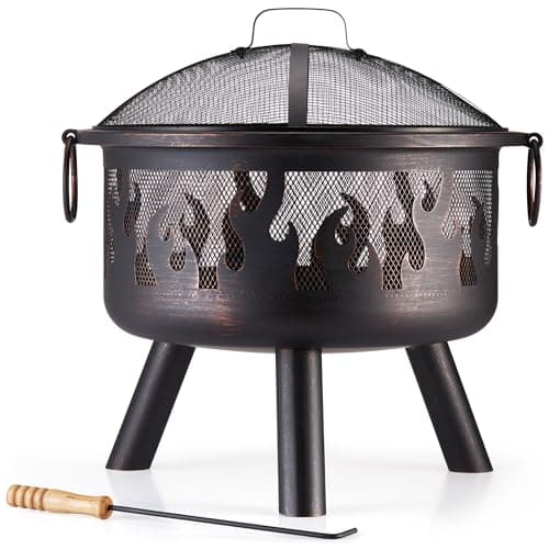 Image of VonHaus Fire Pit – Firepit for Outdoor, Garden, Patio – Portable & Lightweight with Flame Design, Black Bronzed Steel, Fire Poker & Mesh Guard Included, Carry Handles – Use Wood or Charcoal to Fuel