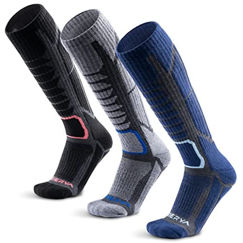 Image of WEIERYA Ski Socks,Merino Wool Snowboard Socks for Skiing, Snowboarding,Outdoor Sports Thermal Ski Socks Men Women,Pack of 3,Black Grey Blue(9-12)