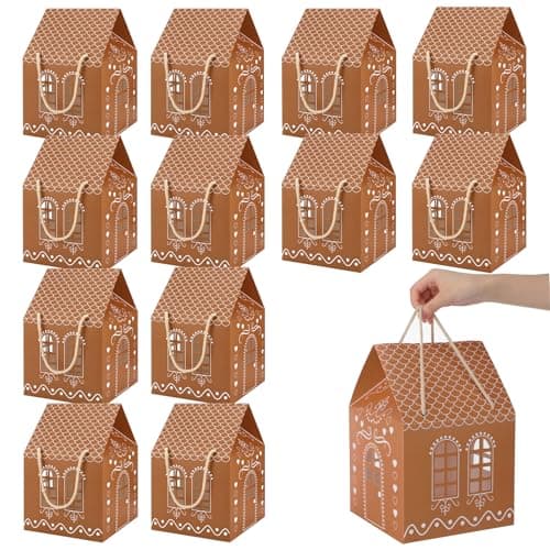 Image of AmazingSpark 12 Pack Gingerbread House Shaped Gift Boxes 7.87 x 7.87 x 7.08'' Cardboard Christmas Treat Goodie Cookie Boxes with Drawstring Inser for Sweets Cookie Snacks Xmas Party Supplies Decor