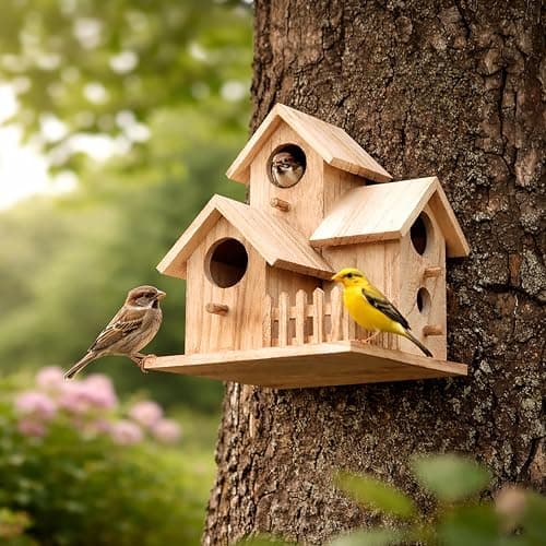 Image of Garden Mile Traditional Wooden Bird House with 3 Doors - Decorative Predator Proof Nesting Box for Wild Birds and Garden