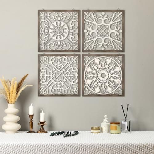 Image of Tatuo 4 Pieces Carved Wood Wall Art Thicken Brown Decor White Farmhouse for Living Room Wooden Decorative Panels Modern Plaque Home Kitchen Dining Bedroom