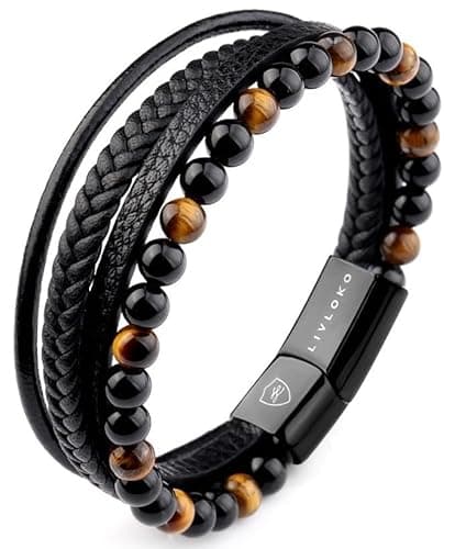 Image of LIVLOKO LONDON Mens Bracelet Leather Black Multi-Layer Tiger Eye Stone Beads Magnetic Adjutable Steel Clasp Viking Rope Bands Surfer Man Wristband Male UK Jewellery Gift box Husband Boyfriend Dad Son