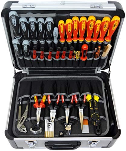 Image of Famex 700-L Aluminium Tool Box with 2 Pallets with 56 Pockets - Max. Load 30 kg - Compartments in the Base of the Case - Empty, Without Tools - 460 x 355 x 180 mm