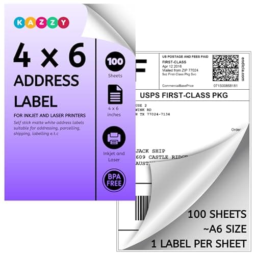Image of 4x6 self Adhesive Address Labels Stickers for Inkjet Printer & Laser | Personalised 6x4 Large Sticky Printer Labels Stickers | Shipping Paper Wine Bottle Labels for Printer |100 Postage Parcel Labels