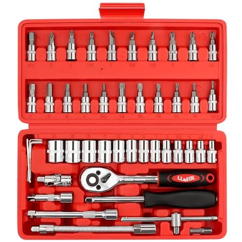 Image of LLNEDL 46 Pieces 1/4" Drive Socket Set&Tool Sets, Ratchet Wrench Set with Bit Socket Set Metric and Extension Bar for DIY, Car Repair and Household with Storage Case(Red)