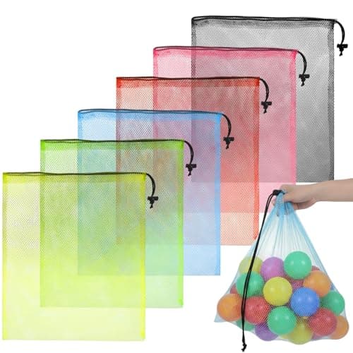 Image of APLZGMG 6 Pcs Mesh Drawstring Bags, 16 x 14 Inch Colorful Nylon Storage Bags, Large Mesh Clothes & Travel Organizer for Beach Toys, Sports & Gym (Multicolor)