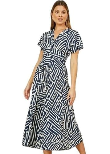Image of Yumi Navy Geometric Print Ruched Waist Midi Dress with Kimono Sleeves (UK, Numeric, 10, Regular, Regular, Navy)