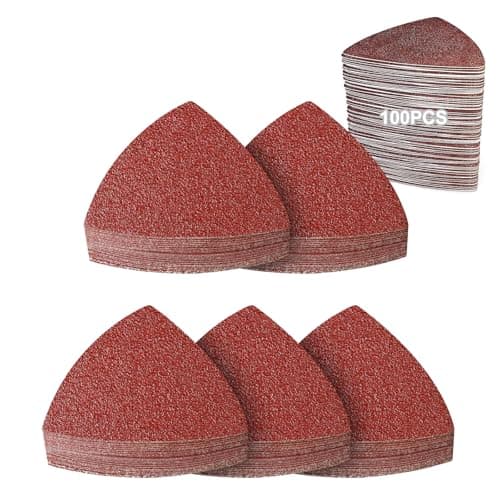 Image of PMIQSA 100 PCS Delta-Triangle Sanding Sheets 120 Grits Hook and Loop Sander Pads 93 x 93mm Detail Sander Pads for Grinding and Polishing Wood Metal
