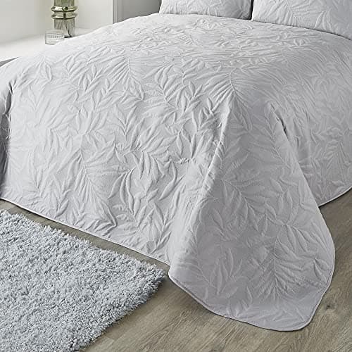Image of Serene - Silver Leaf Embossed Bedspread (230cm X 200cm) - Soft Touch - Microfibre - Leaf/Leaves Embroidery Quilted Bedspreads - Silver Floral Blanket/Bed Cover for Bed - Luana Collection