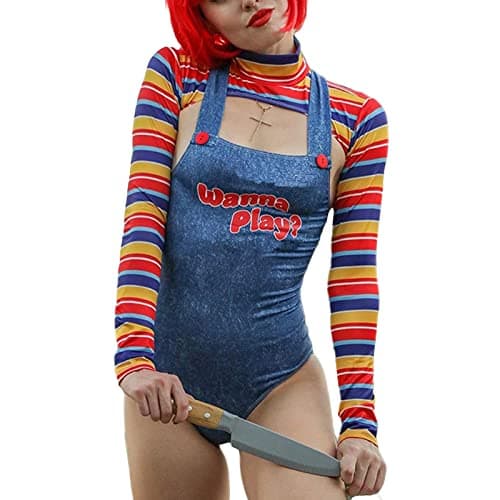 Image of CocMouse Halloween Costumes for Women Scary Nightmare Killer Doll Costume Halloween Doll Clown Costume Sexy Cosplay Jumpsuit (B-Blue, L)