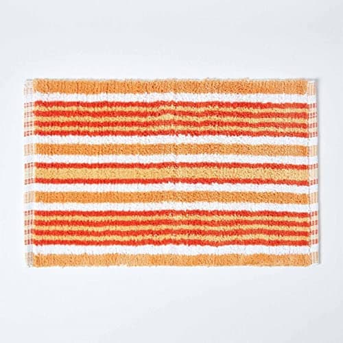 Image of HOMESCAPES Handloomed Orange Striped Rug, 100% Cotton Bath Mat Suitable for any Room Including Wet Rooms
