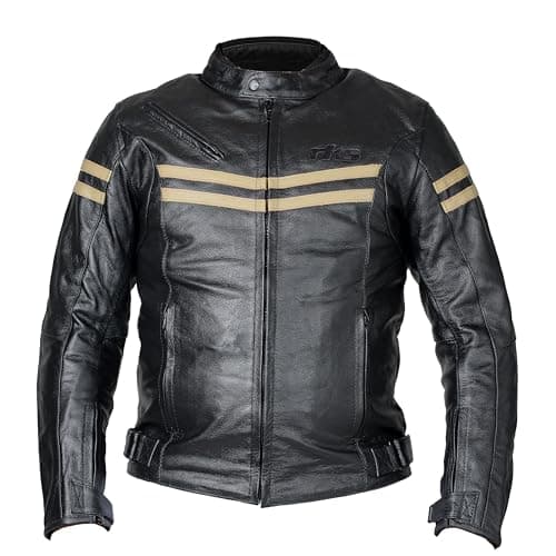 Image of RKsports MENS LEATHER FASHION MOTORCYCLE MOTORBIKE JACKET WITH ARMOUR IN BLACK BEIGE (2X-Large)