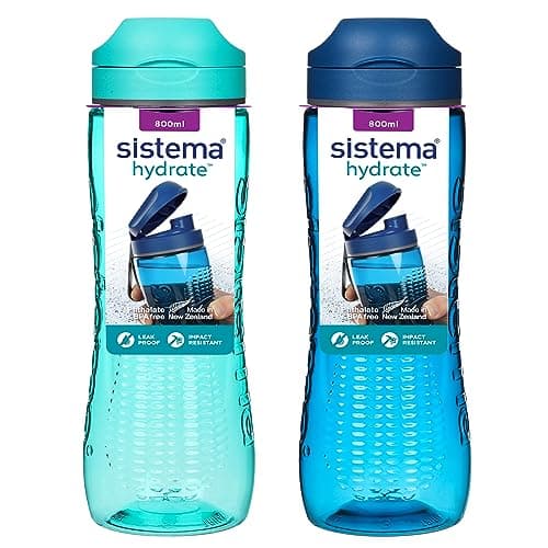 Image of Sistema Active Sports Water Bottles | 800 ml | Leakproof Kids Water Bottles | Impact-Resistant Tritan Plastic | BPA-Free | Ocean Blue & Minty Teal | 2 Count