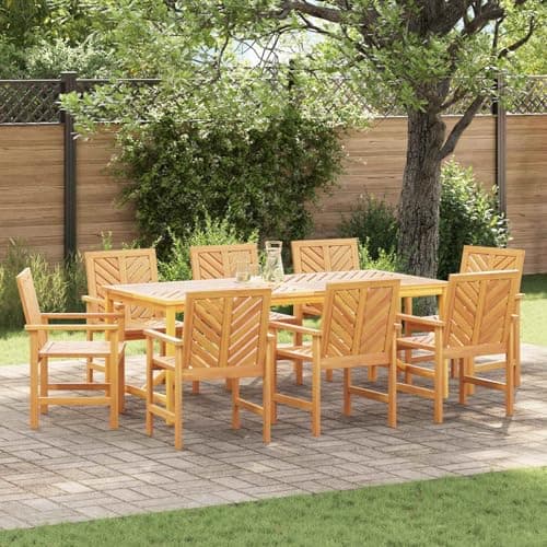 Image of Tonture Garden Dining Set 9 Pieces Brown Solid Acacia Wood with Oiled Surface 200 x 90 x 74 cm Weatherproof Set with Table, Chairs and Garden Bench for Patio and Outdoor Use