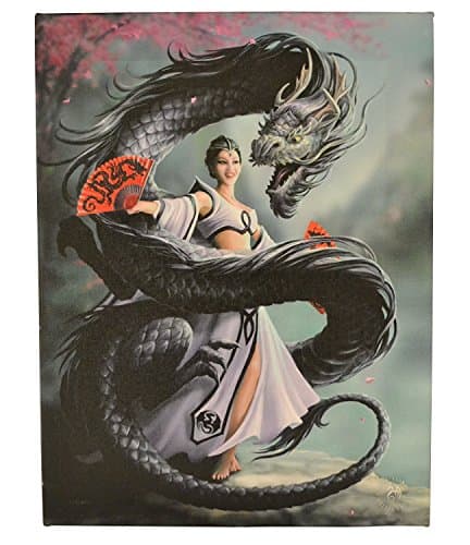 Image of Dragon Dancer - A Gothic Oriental Fairy With Fans Dancing with Chinese Dragon - Fantastic Design by Artist Anne Stokes - Canvas Picture on Frame Wall Plaque / Wall Art