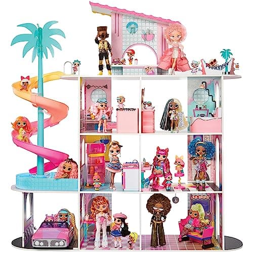 Image of L.O.L. Surprise! OMG Fashion House Playset with 85+ Surprises - Real Wood Doll House with Pool, Spiral Slide, Rooftop Patio, Cinema, Transforming Furniture, and more - Great for Kids Ages 4+