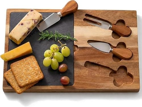 Image of LaDonna Cheese Board and Knife Set | Charcuterie Boards for Serving Dishes | Wooden Tray Cheese Board Gift Set Serving Tray Includes 2 Knives and 1 Fork | Cheese Board Set