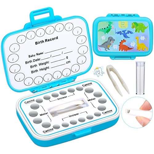 Image of Caffox Tooth Keepsake Box, Tooth Fairy Box Lost Teeth Holders for Kids, Tooth Saver, First Tooth Container, Baby Teeth Storage for Boys and Girls, Blue Dinosaur (BTKB005)