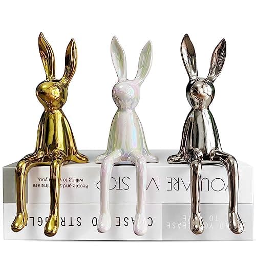 Image of Jubiluxor 3-Piece Rabbit Decor Sculptures - Home, Office, Living Room, Bedroom - Accents, Decorations, Figurines - Small Statues for Bookshelf, Desk - Ideal Gifts (Gold, Silver, White)
