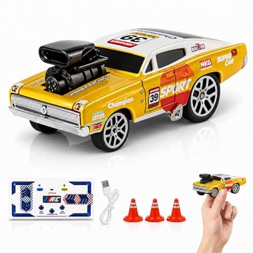Image of RC Drift Car 1:64 Scale, Yellow Die-Cast Alloy Remote Control Mini Racing Car with LED Lights, 2.4GHz High Speed Toy Car, 30 Min+ Play Time, Up to 15 km/h, USB Rechargeable Drift Car for Kids Age 8+