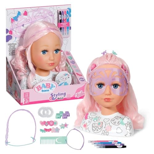 Image of BABY born Styling Head Artist, Hairdressing Head for Styling with Face Stencil, Pens, Pink Hair and Over 20 Accessories, For Children Aged 3+, 836033 Zapf Creation