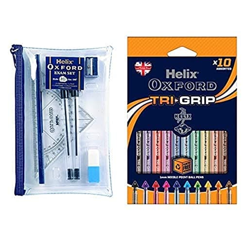 Image of Helix Oxford Filled Pencil Case Exam Kit & Helix Oxford Tri-Grip Pens (10 Pack of Assorted Colours)