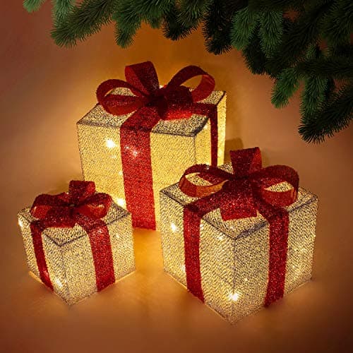 Image of HMSR® Christmas Decorations Sale Pre Lit Light Up Christmas Glitter Parcels Gift Box Illuminated Presents Ornaments Battery Operated Set of 3 (Silver)