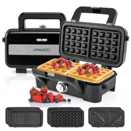 Image of COSTWAY 3 in 1 Sandwich Toaster, 1200W Waffle Maker with 5-gear Temperature, Non-stick Plates, Indicator Lights and Cool Touch Handle, Electric Health Grill & Panini Press