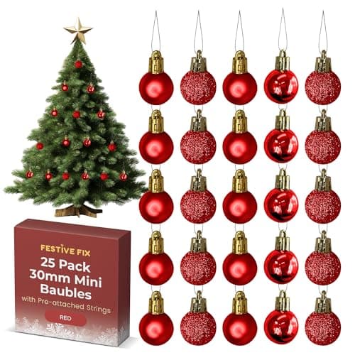 Image of Festive Fix 25 Red Mini Christmas Baubles – Shatterproof, Lightweight Small Tree Decorations for Xmas, Home, Party & Festive Displays