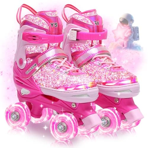 Image of OLYSPM Roller Skates for Girls,Kids Skates with 4 Size Adjustable Fluorescent Uppers,Quad Skates with Light Up Wheels for Girls and Beginner(Pink)