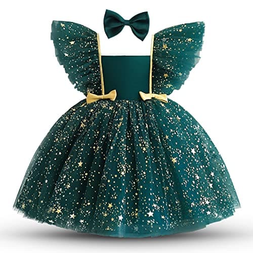 Image of NNJXD Toddler Infant Baby Girl Little Stars Tulle Dress Party Bowknot Tutu Gown 2023 Forest Green Size(110) 3-4 Years