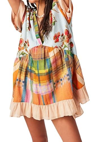 Image of Acrawnni Women Summer Bohemian Floral Mini Dress Boho Floral Print Short Sleeve V-Neck Flowy Dress Babydoll Short Beach Dress with Pockets (A-Beige, M)