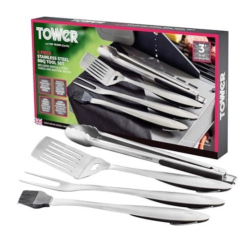 Image of Tower 4 Piece BBQ Tool Set with Hanging Loop, Including Spatula, Fork, Tongs & Basting Brush, Stainless Steel, T932002