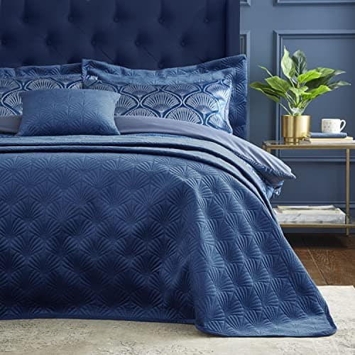 Image of Catherine Lansfield Bedroom Art Deco Pearl 220x230cm Quilted Bedspread Navy Blue