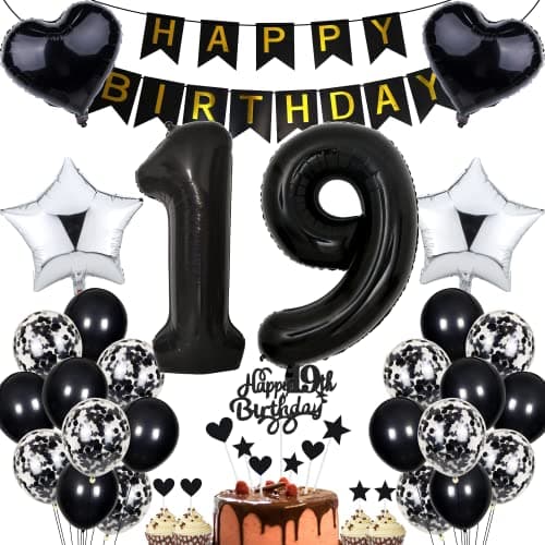 Image of Jrzyhi Balloon 19th Birthday Decoration - Party Decoration Black Cake Decoration for Boys and Girls - Birthday Decoration 19 Years