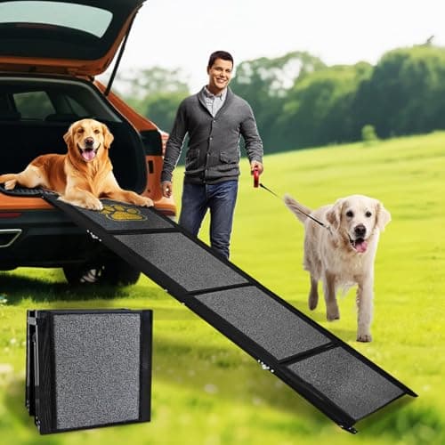 Image of Dog Ramp Car Foldable 170 x 50 cm Grey with Non-Slip Carpet Surface, up to 70 kg, Lightweight Aluminium Pet Ramp for Cars, Trucks, SUVs and Outdoor Stairs
